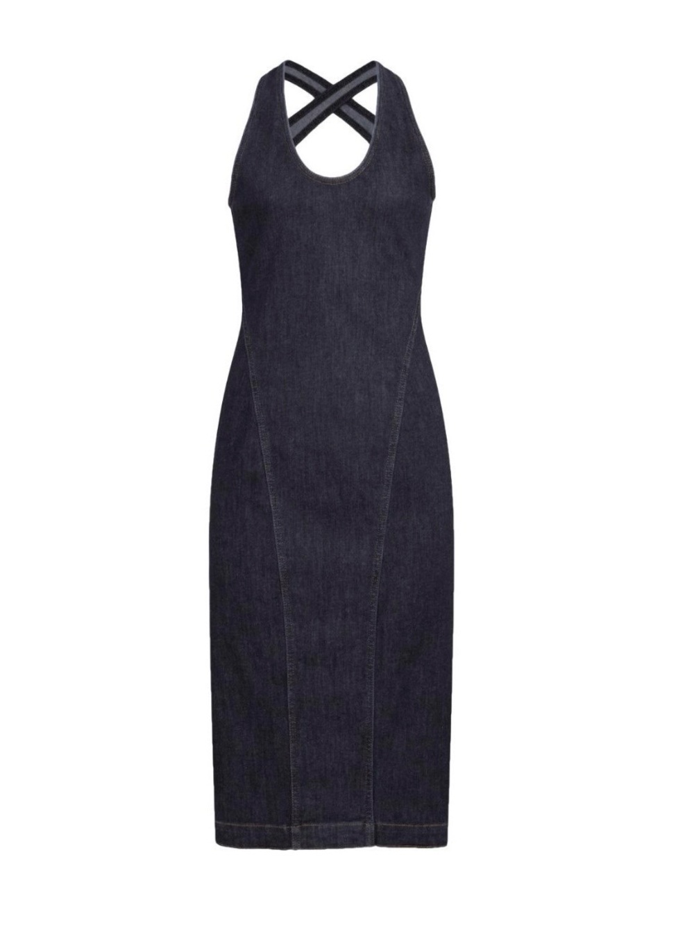 Alaïa Sculptural Dark Denim Crisscross-Open Back Midi Dress